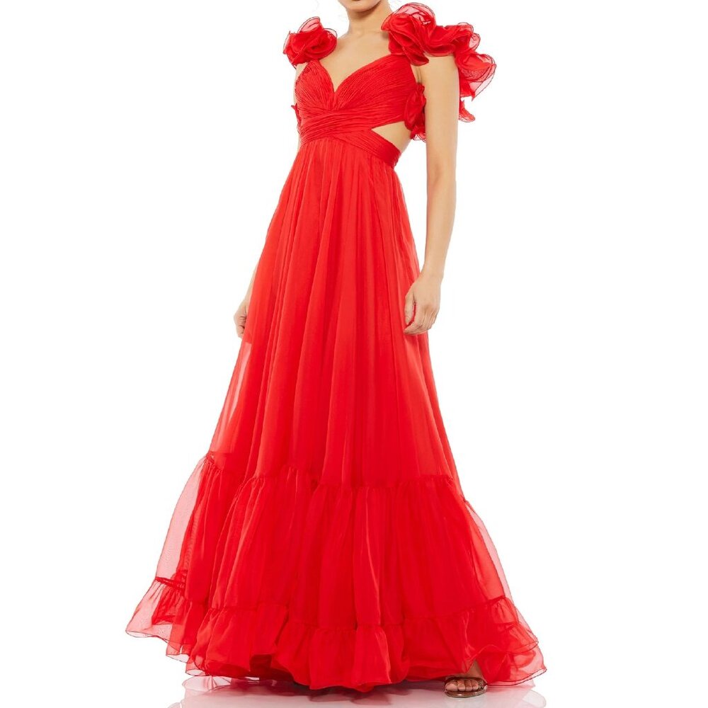 NWT Mac Duggal 67911 Ruffle Shoulder‎ Lace Up Gown Red 4